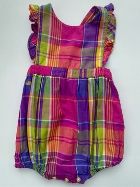 Vintage Ralph Lauren Pink Purple Green Yellow Plaid Bubble Baby Romper